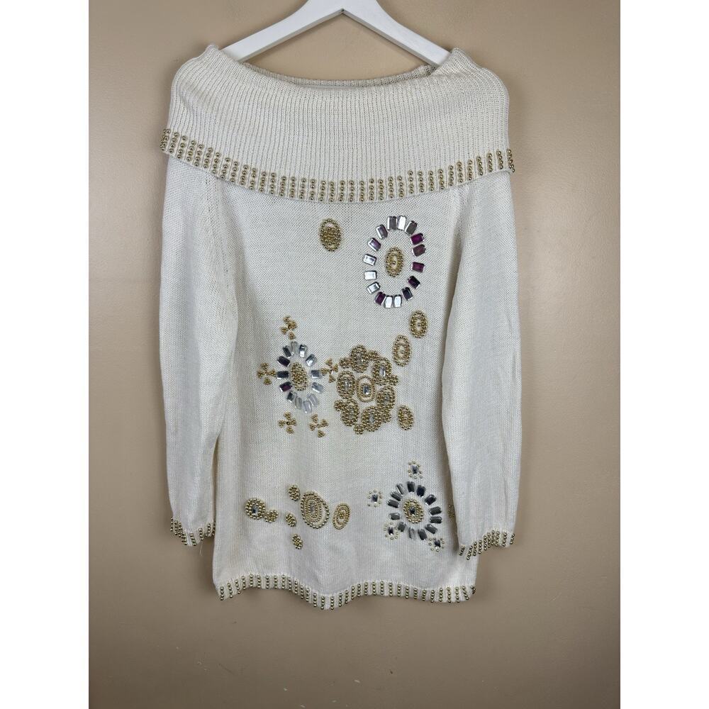 VTG Victoria Harbour Ivory Hand Beaded Tunic Sweater Rhinestone Size M 90’s Glam
